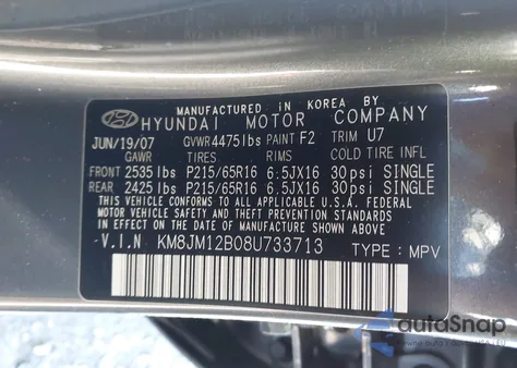2008 Hyundai Tucson Gls from USA, damaged, VIN KM8JM12B08U733713